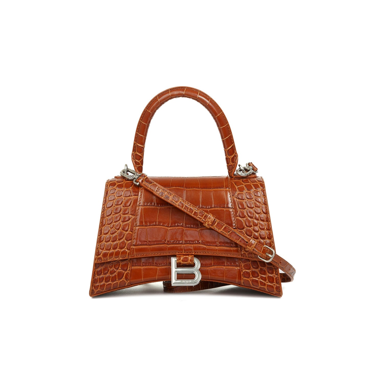 Balenciaga Small Brown Croc-Embossed Hourglass Top Handle Bag