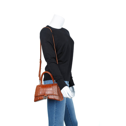Balenciaga Small Brown Croc-Embossed Hourglass Top Handle Bag