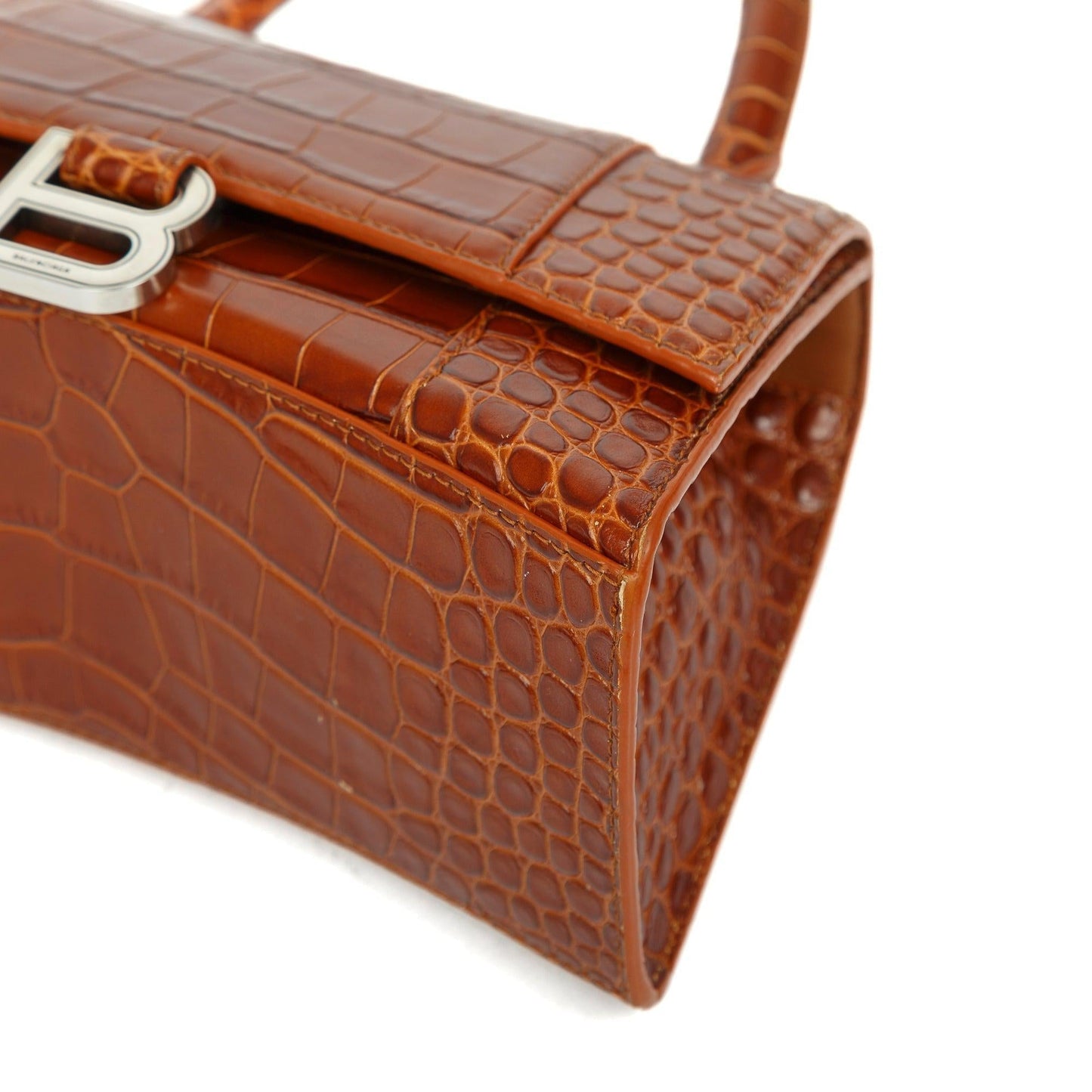 Balenciaga Small Brown Croc-Embossed Hourglass Top Handle Bag