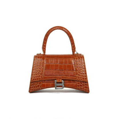Balenciaga Small Brown Croc-Embossed Hourglass Top Handle Bag