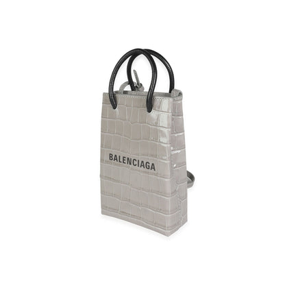 BALENCIAGA STEEL GREY CROC-EMBOSSED  SHOPPING PHONE HOLDER BAG
