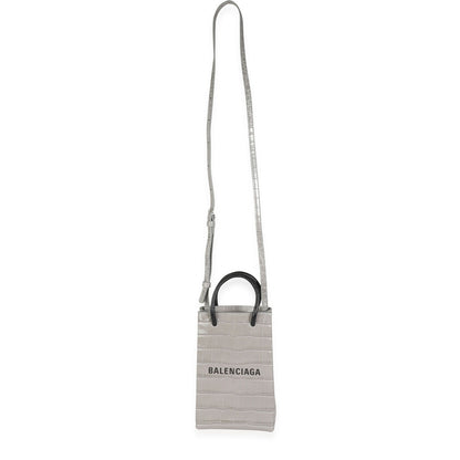 BALENCIAGA STEEL GREY CROC-EMBOSSED  SHOPPING PHONE HOLDER BAG