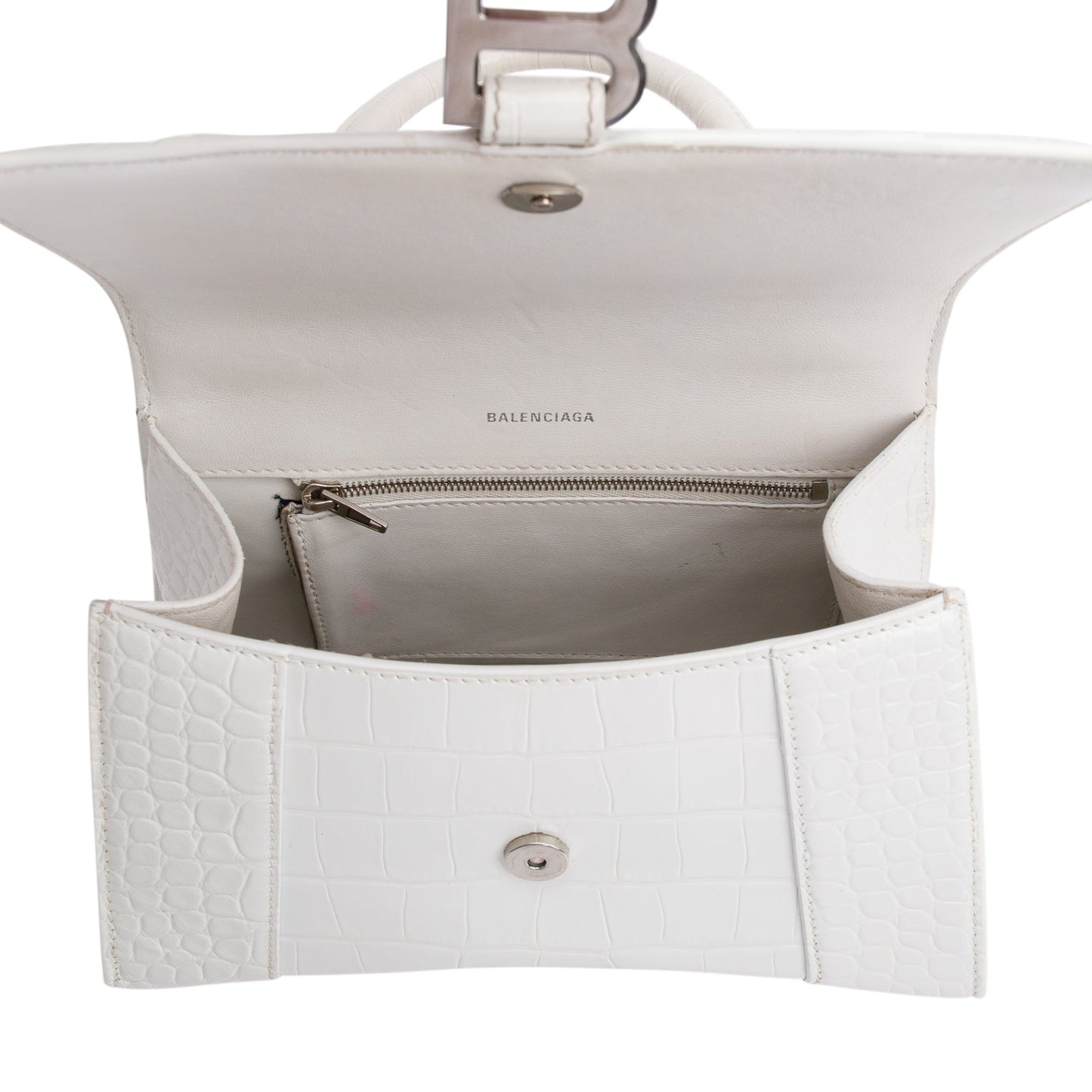 Balenciaga White Croc Embossed Leather Small Hourglass Top Handle Bag
