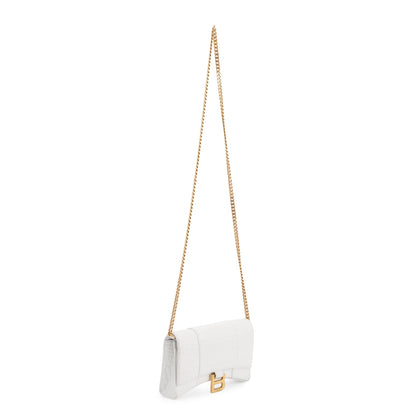 Balenciaga White Crocodile Embossed Hourglass Wallet on Chain