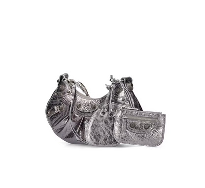 BALENCIAGA LE CAGOLE XS SHOULDER BAG METALLIZED IN SILVER