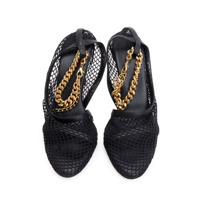 Bottega Veneta Black Leather Mesh Chain Accent Tex Sandal Pumps, Size 39