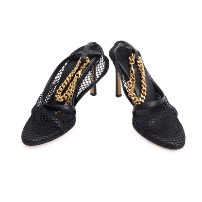 Bottega Veneta Black Leather Mesh Chain Accent Tex Sandal Pumps, Size 39