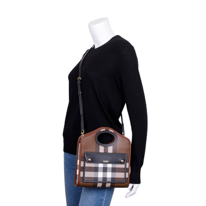Burberry 2023 Brown Check Canvas and Black/Brown Leather Mini Pocket Bag