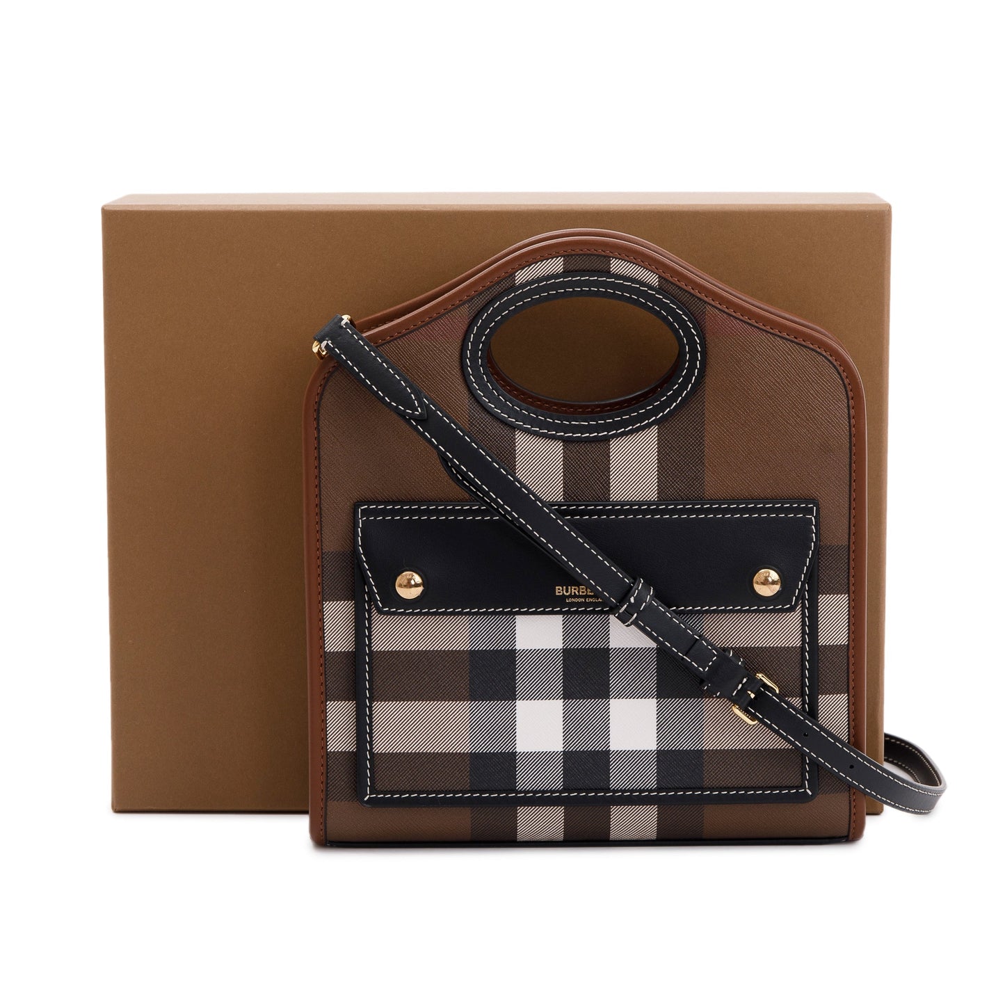Burberry 2023 Brown Check Canvas and Black/Brown Leather Mini Pocket Bag