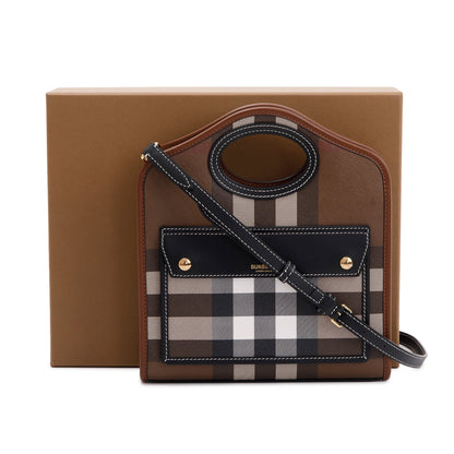 Burberry 2023 Brown Check Canvas and Black/Brown Leather Mini Pocket Bag