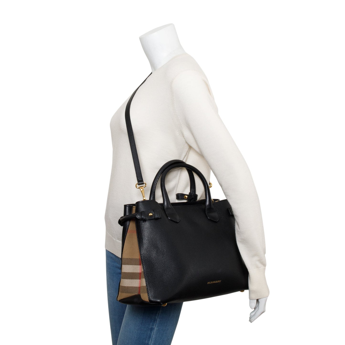 Burberry Black Calfskin Leather House Check Medium Banner Tote