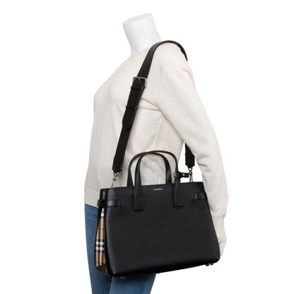 Burberry Black Calfskin Leather House Check Medium Banner Tote