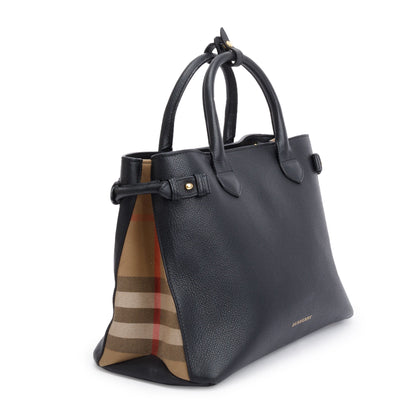 Burberry Black Calfskin Leather House Check Medium Banner Tote