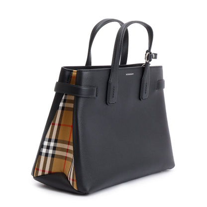 Burberry Black Calfskin Leather House Check Medium Banner Tote