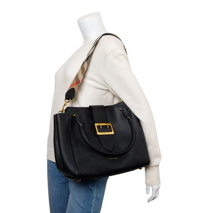 Burberry Black Grained Calfskin Leather Medium Buckle Tote Bag