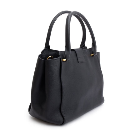 Burberry Black Grained Calfskin Leather Medium Buckle Tote Bag