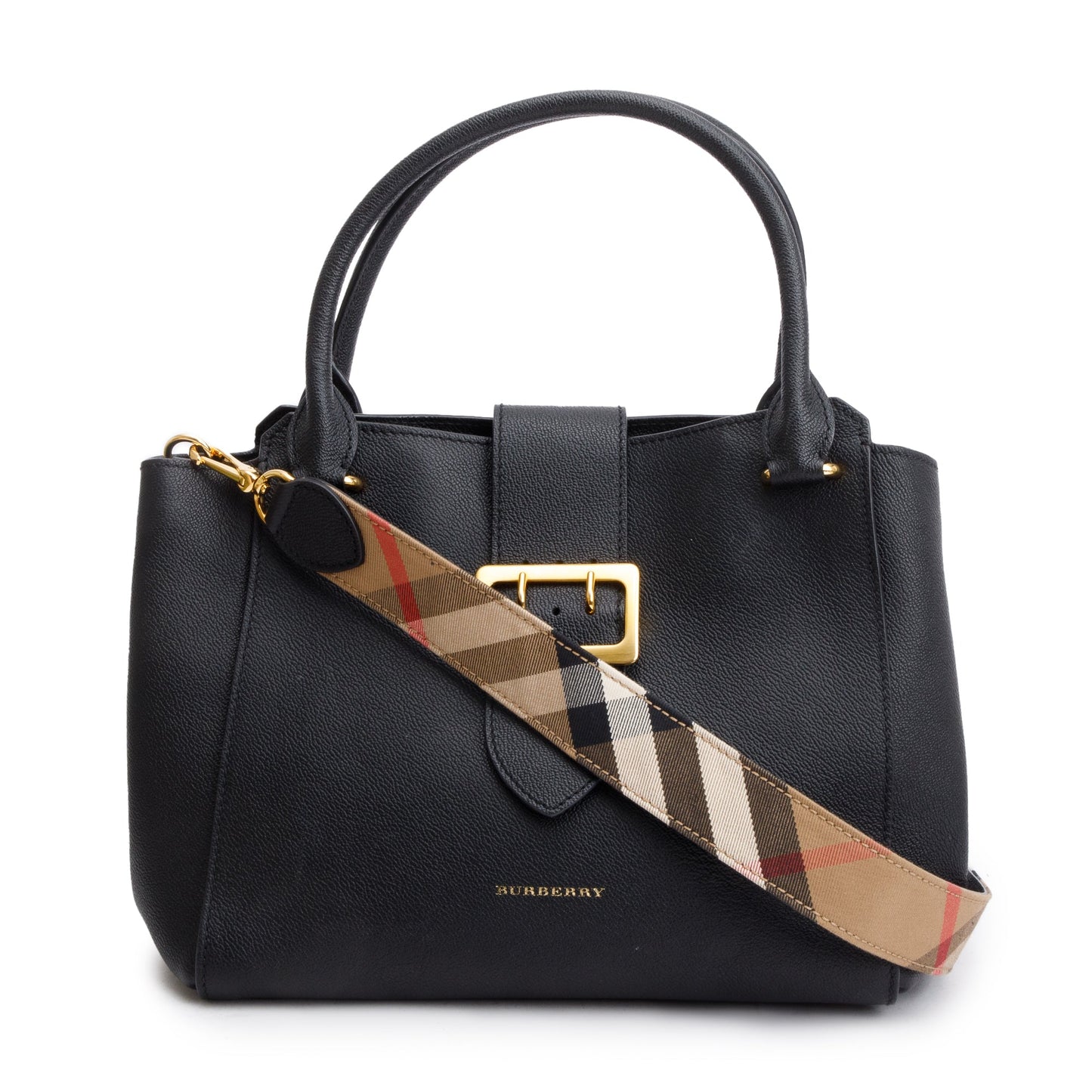 Burberry Black Grained Calfskin Leather Medium Buckle Tote Bag
