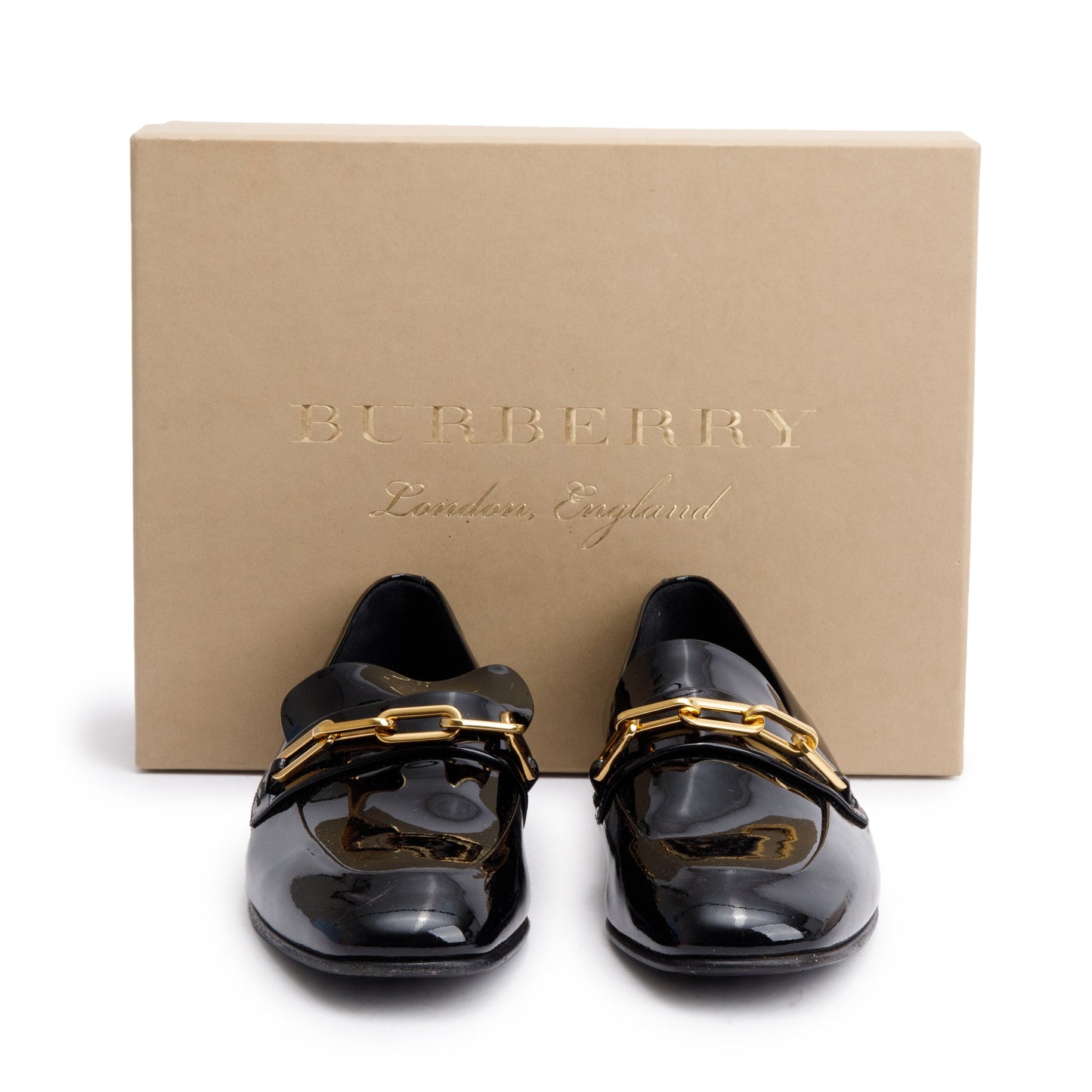 Burberry Black Patent Leather Chillcot Loafers, Size 38.5