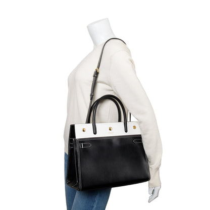 Burberry Black & White Calfskin Leather Small Two Handle Title Tote