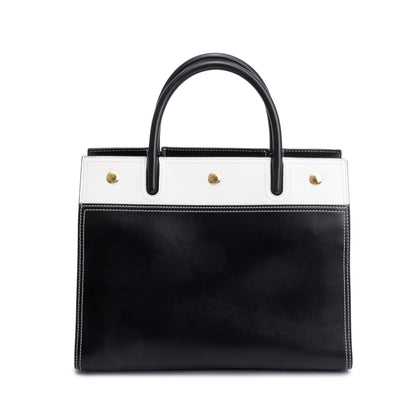 Burberry Black & White Calfskin Leather Small Two Handle Title Tote