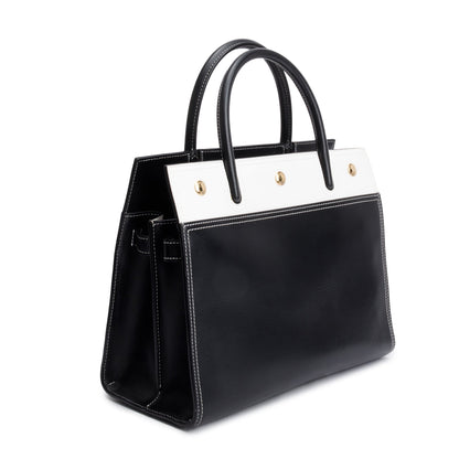 Burberry Black & White Calfskin Leather Small Two Handle Title Tote