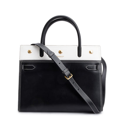 Burberry Black & White Calfskin Leather Small Two Handle Title Tote