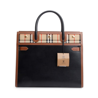 Burberry Black/Brown Calfskin Leather Vintage Check Trim Medium Two Handle Title Tote