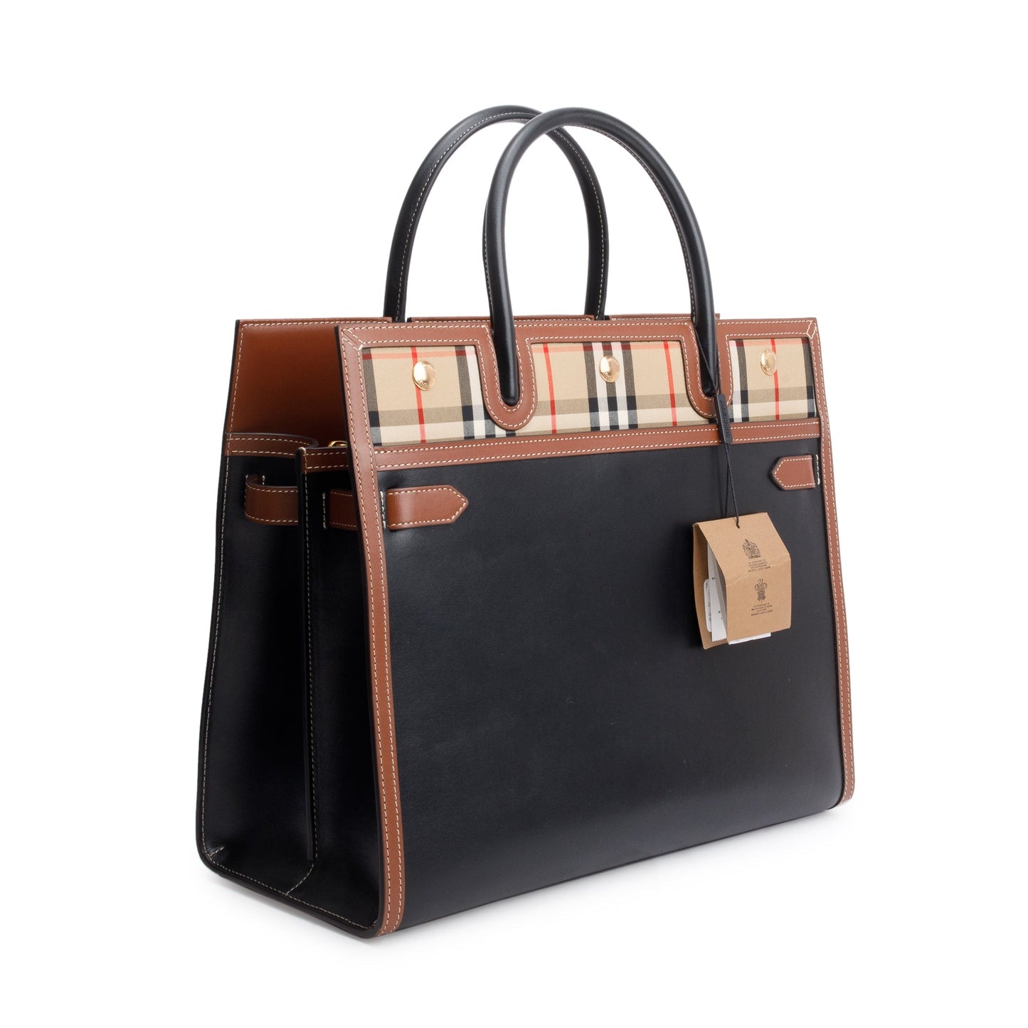 Burberry Black/Brown Calfskin Leather Vintage Check Trim Medium Two Handle Title Tote