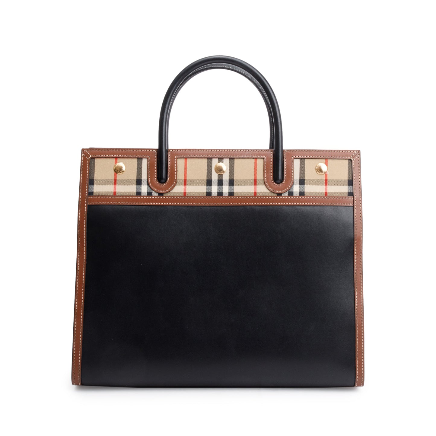 Burberry Black/Brown Calfskin Leather Vintage Check Trim Medium Two Handle Title Tote