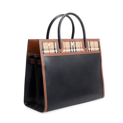Burberry Black/Brown Calfskin Leather Vintage Check Trim Medium Two Handle Title Tote