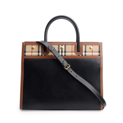 Burberry Black/Brown Calfskin Leather Vintage Check Trim Medium Two Handle Title Tote