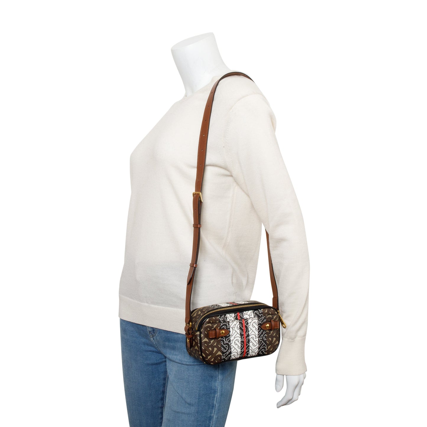 Burberry Brown TB Monogram Stripe E-Canvas Blue Micro Camera Crossbody Bag