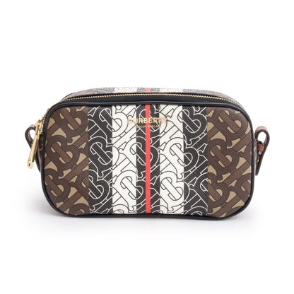 Burberry Brown TB Monogram Stripe E-Canvas Blue Micro Camera Crossbody Bag