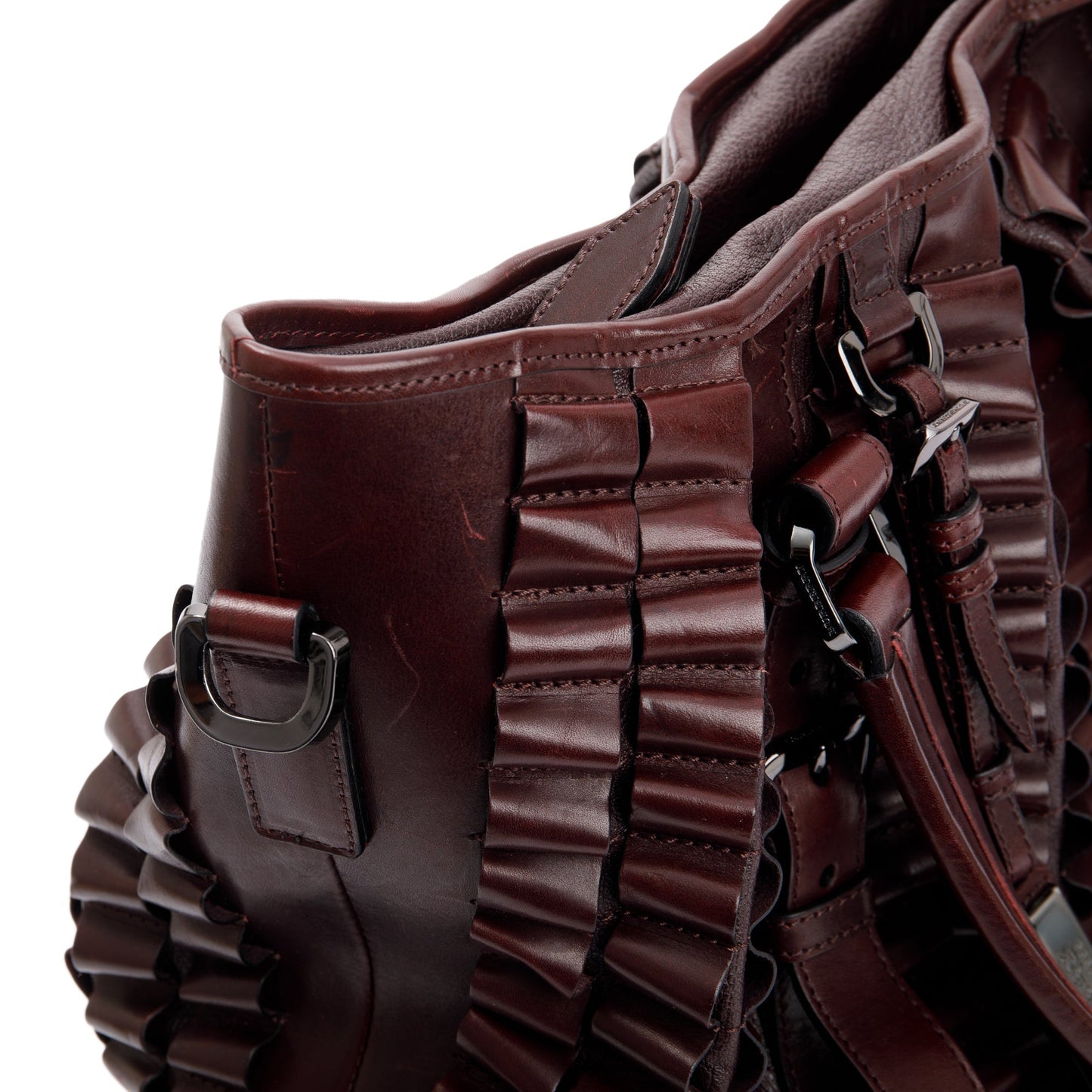 Burberry Burgundy Calfskin Leather Cartridge Pleated Lowry Tote