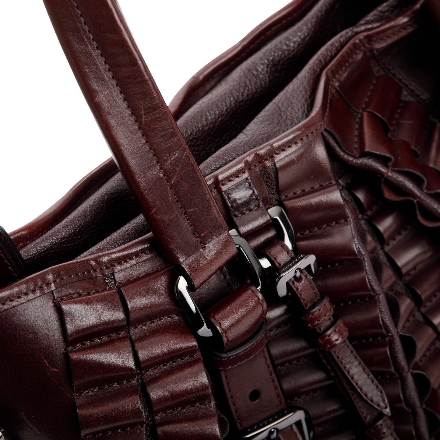 Burberry Burgundy Calfskin Leather Cartridge Pleated Lowry Tote