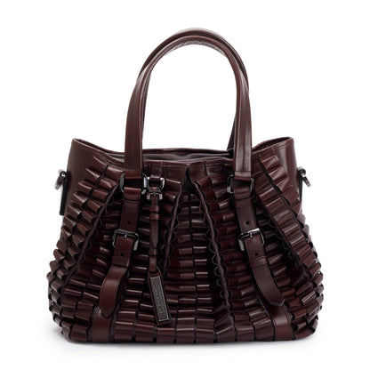 Burberry Burgundy Calfskin Leather Cartridge Pleated Lowry Tote