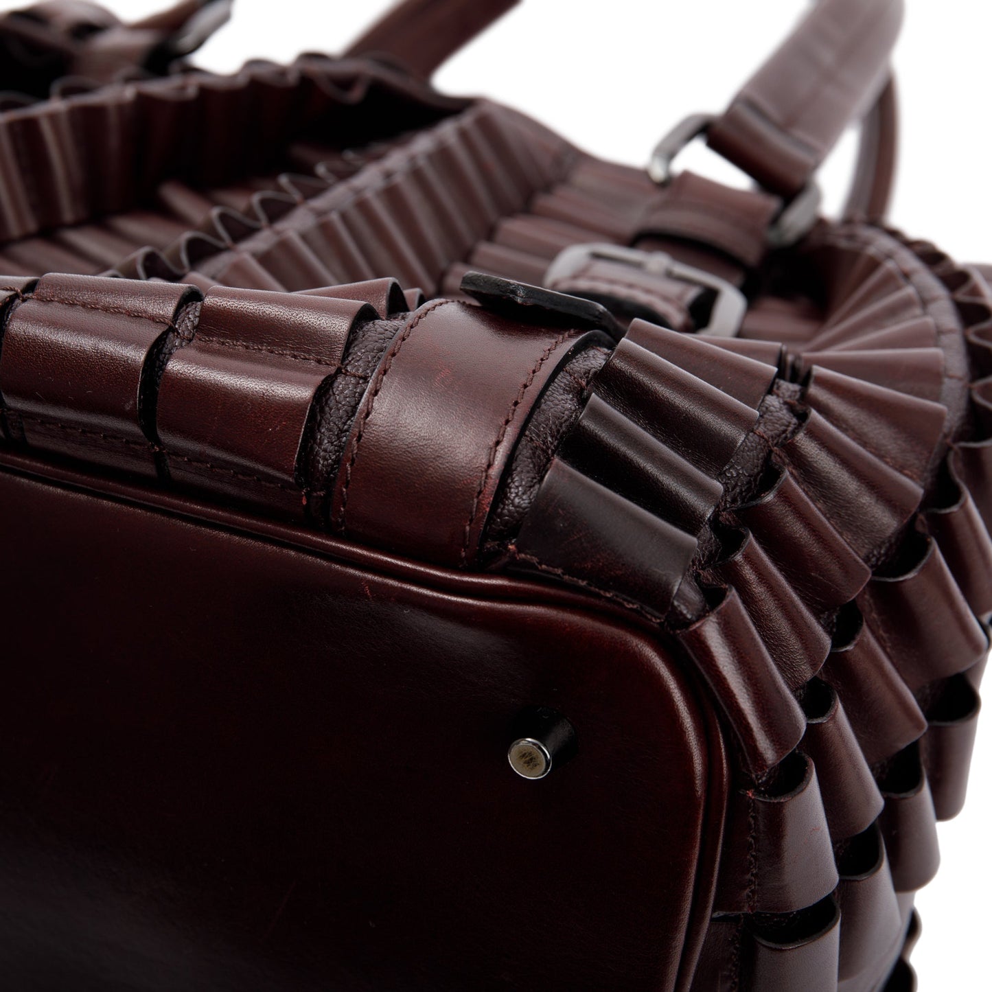 Burberry Burgundy Calfskin Leather Cartridge Pleated Lowry Tote