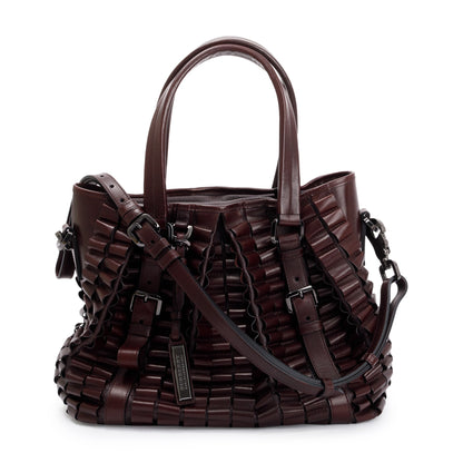 Burberry Burgundy Calfskin Leather Cartridge Pleated Lowry Tote