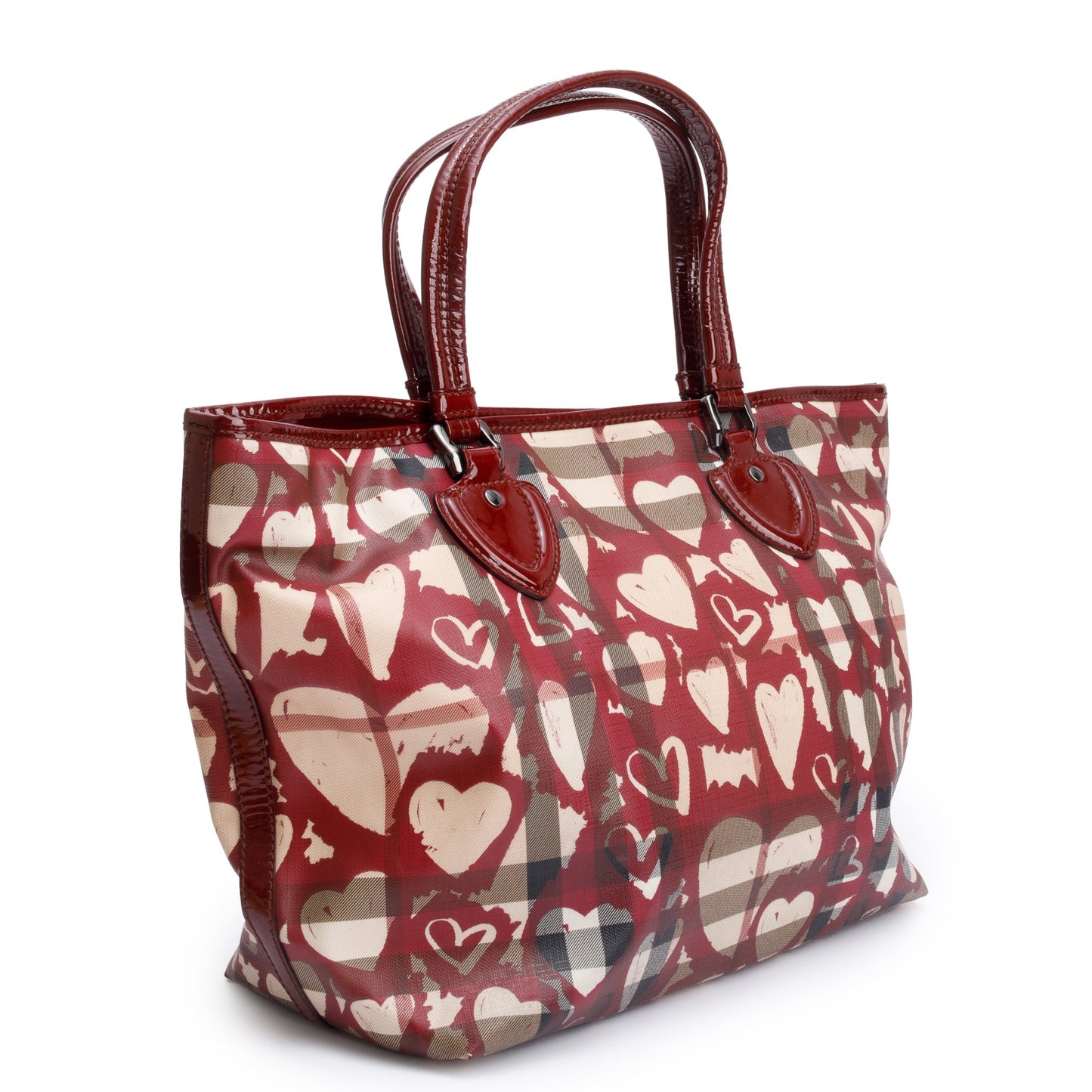 Burberry Burgundy Patent Heart Print Supernova Coated Canvas Nickie Tote Bag