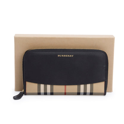Burberry Check Canvas Black Leather Trim Derby Continental Zip Wallet