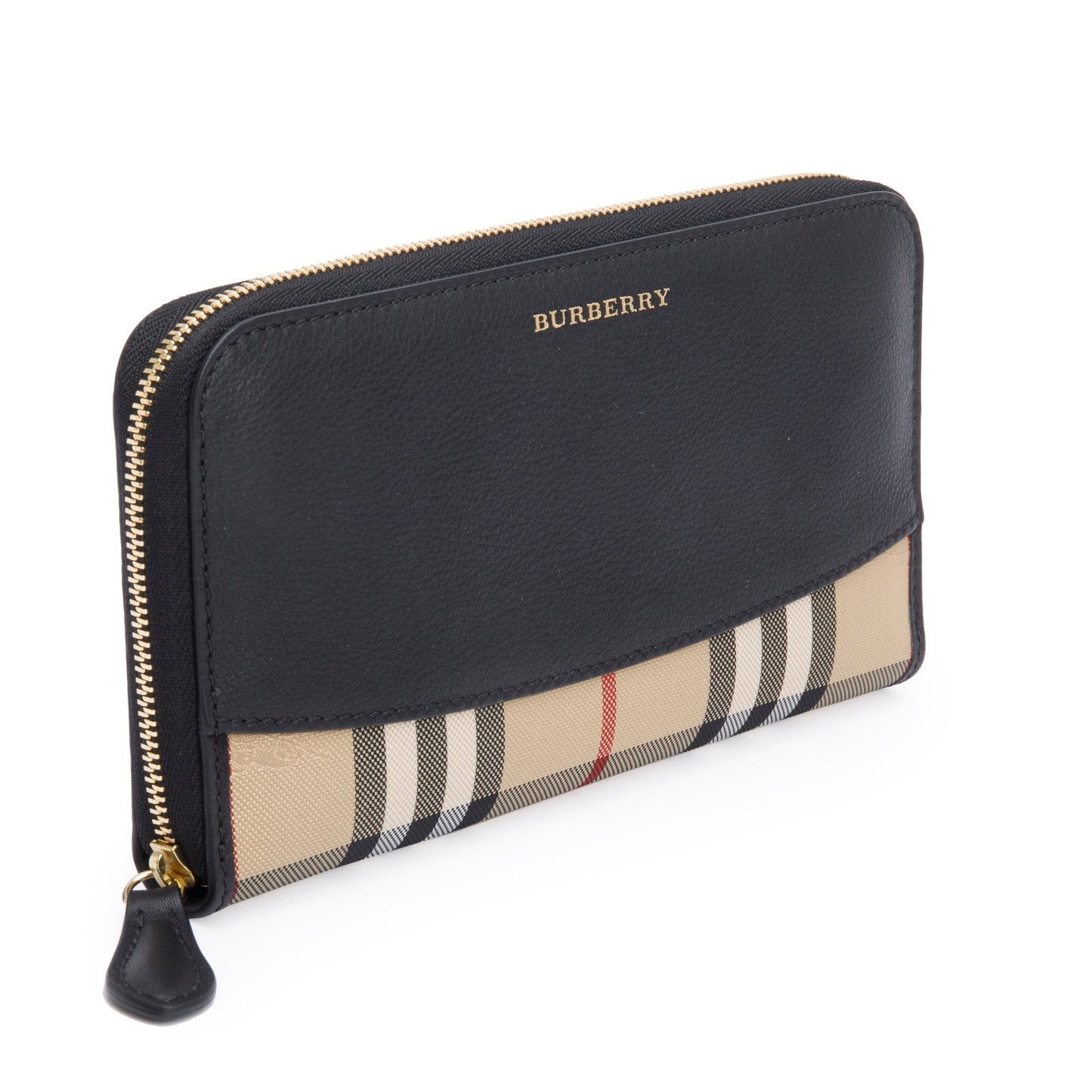 Burberry Check Canvas Black Leather Trim Derby Continental Zip Wallet