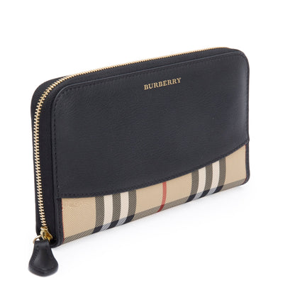 Burberry Check Canvas Black Leather Trim Derby Continental Zip Wallet