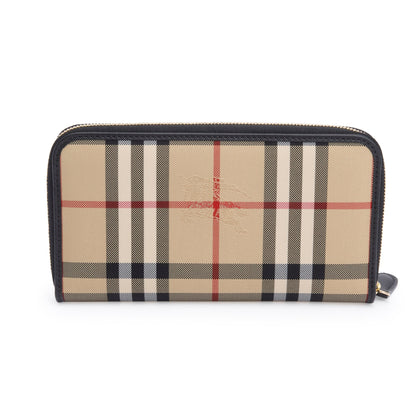 Burberry Check Canvas Black Leather Trim Derby Continental Zip Wallet