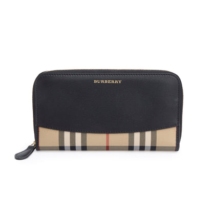 Burberry Check Canvas Black Leather Trim Derby Continental Zip Wallet