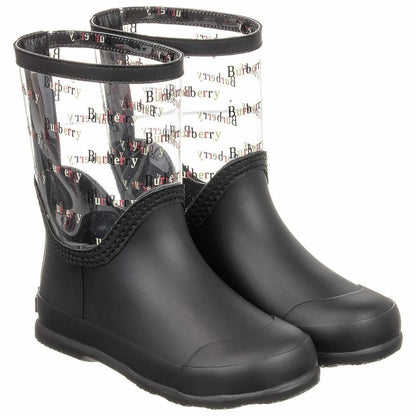 BURBERRY GIRLS FROSTY BLACK LOGO CLEAR PVC RAIN BOOTS