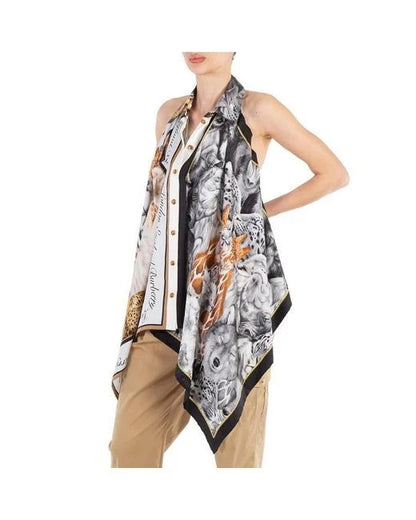 BURBERRY GRAY MELANGE ANIMALIA PRINT SILK BODYSUIT