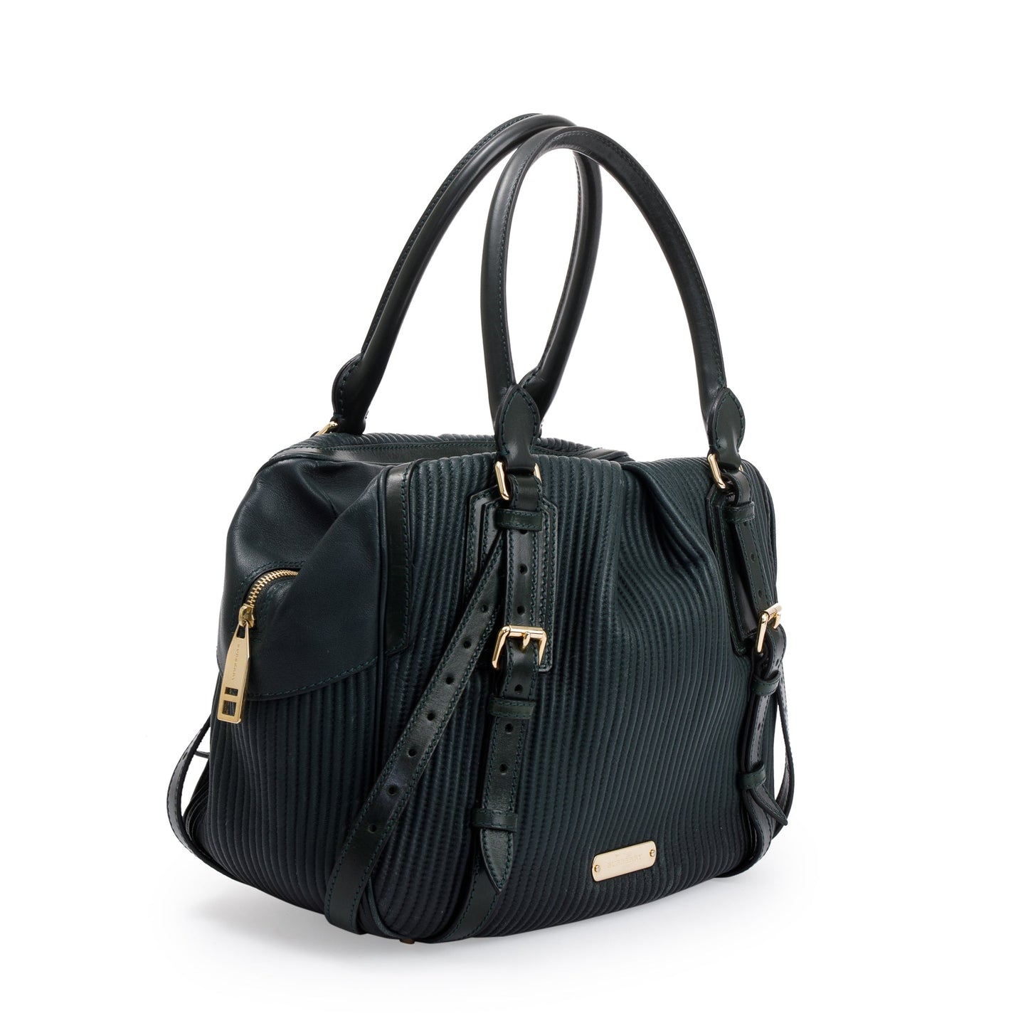 Burberry Green Pleated Stitched Leather Rosaville Bowling Bag