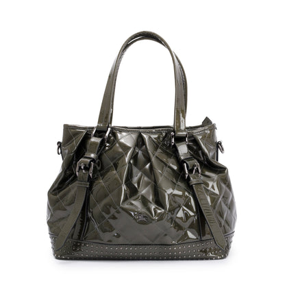Burberry Green Quilted Patent Leather Studded Lowry Bag