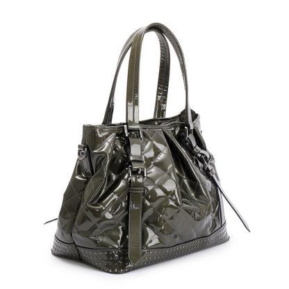 Burberry Green Quilted Patent Leather Studded Lowry Bag