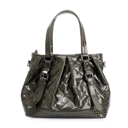 Burberry Green Quilted Patent Leather Studded Lowry Bag